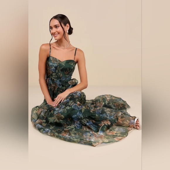 Lulus Exclusive Glamour Green Floral Organza Tiered Maxi Dress L Wedding Prom - Picture 6 of 10
